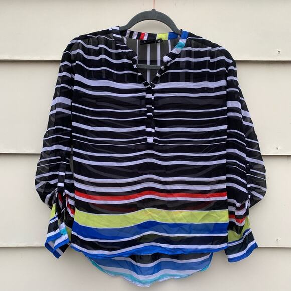 a.n.a. striped rainbow sheer blouse Petite Medium - Picture 1 of 3